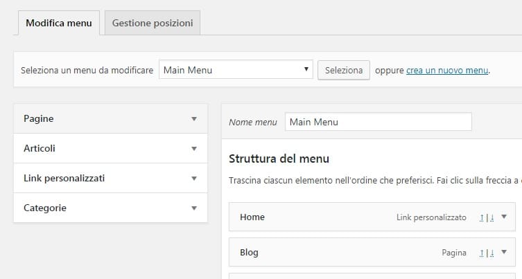organizzare la struttura del menù in WordPress