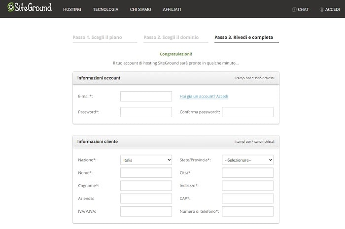 Acquistare un piano SiteGround