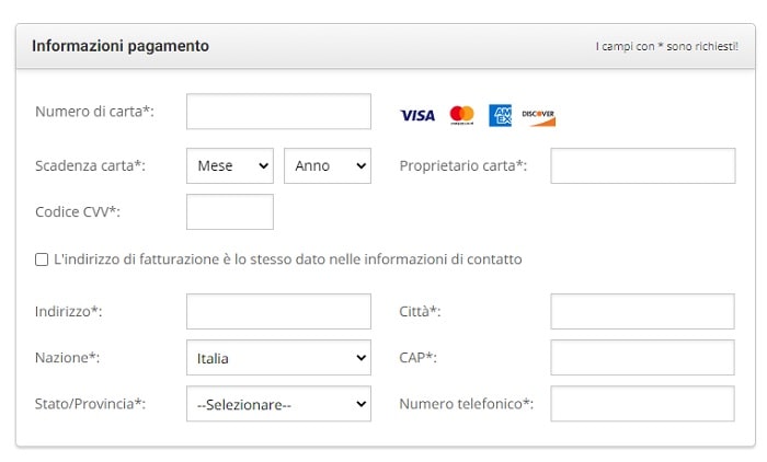 Informazioni di pagamento SiteGround