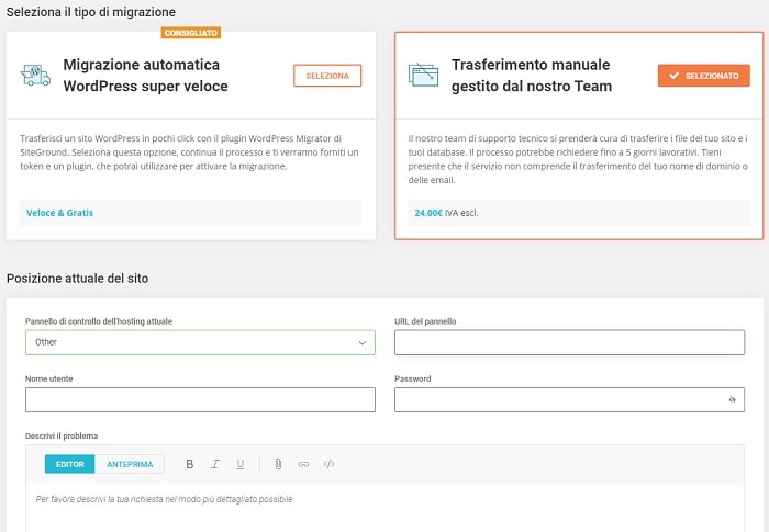 Richiesta di migrazione da Aruba a SiteGround