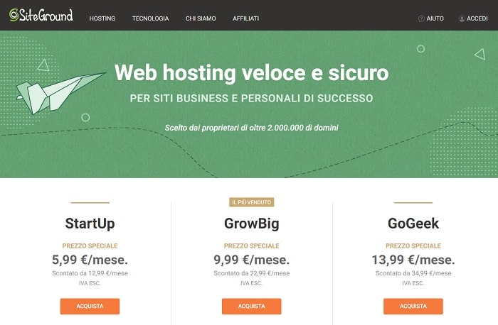 Piani SiteGround Startup GrowBig GoGeek