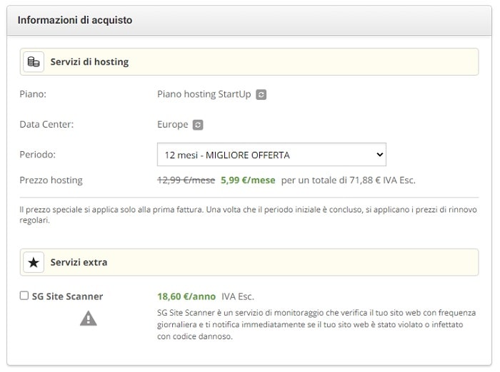 Riepilogo acquisto Siteground