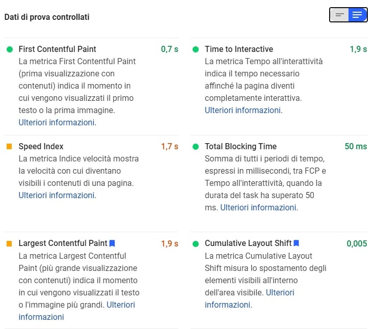 Spiegazione Core Web Vitals su PageSpeed